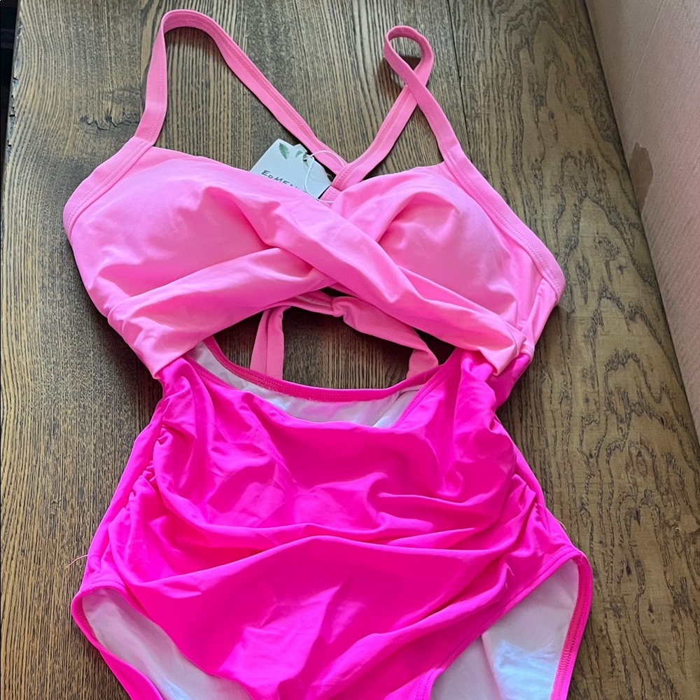 Pink One Piece Swimsuit with Bikini Design Bathing Suit